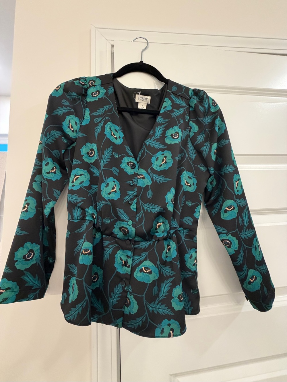 J. Crew Black with Teal Floral Print long sleeve shirt